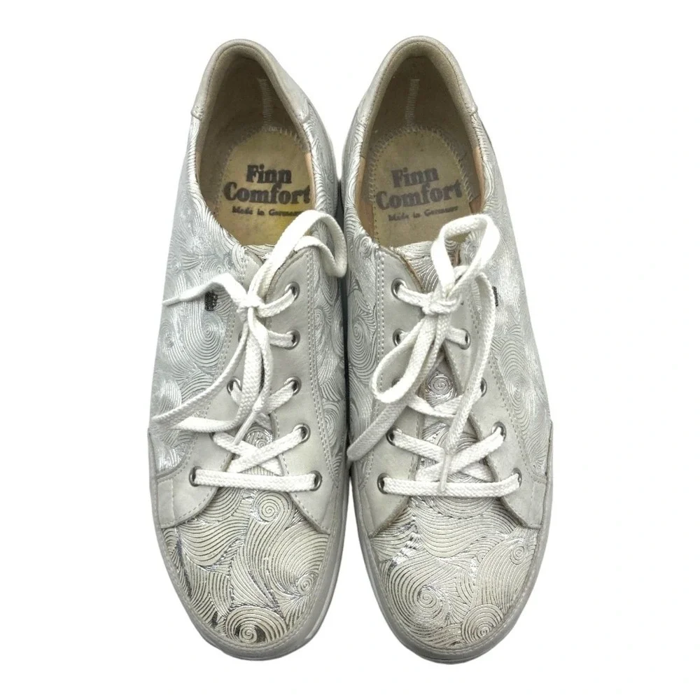 Finn Comfort Womens 6.5 Silver Swirl Leather Lace Up Walking Sneakers Germany